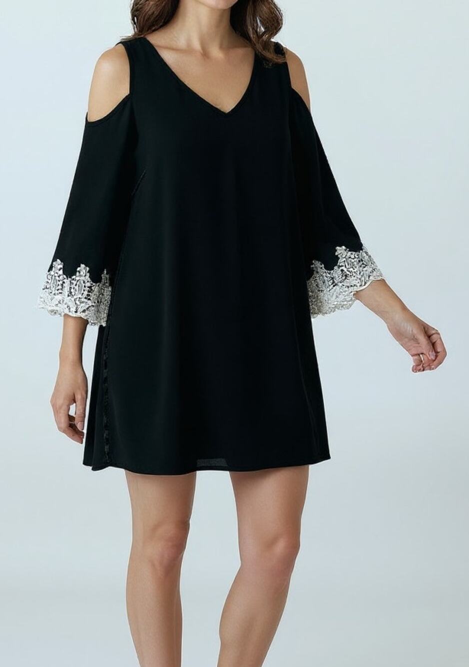C Est 1946 Cold Shoulder Black Dress Small White Lace Cuffs